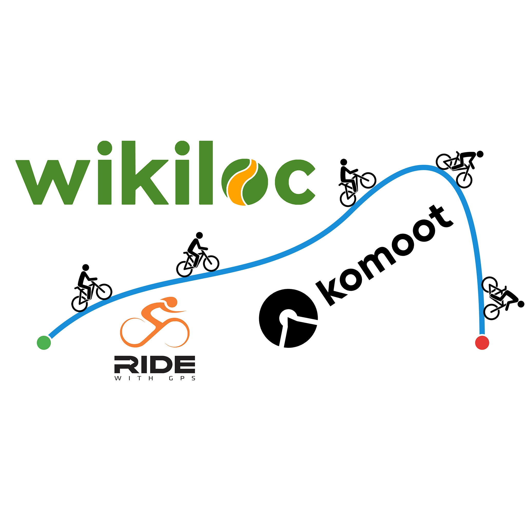 Ciclista trazando una línea de un punto a otro en bicicleta entre textos de Wikiloc, Ride wit GPS y Komoot