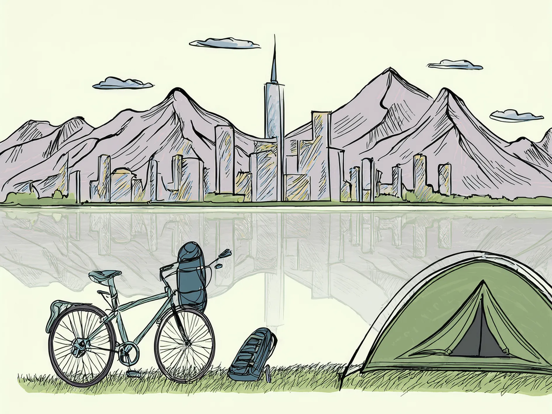Dibujo a color con ciudad de fondo con un lago y una tienda de campaña en primer plano junto a una bicicleta